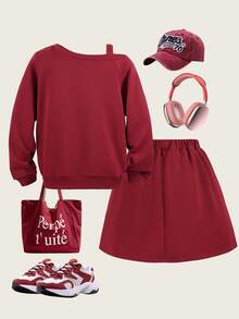 SHEIN ChillGRL 2pcs/Set Teenager Fashion Graphic Letter Print Sweatshirt & High Waist Pleated Mini Skirt,Back-To-School Graduation Sport Autumn Outfits For Girls - Burgundy - View 2