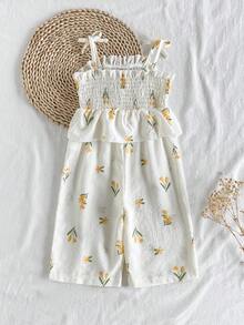 SHEIN Vintaside Kids 女婴简约碎花荷叶边吊带连体衣，适合休闲穿着、户外活动、摄影、度假、春夏穿着 - 彩色 - 查看 2
