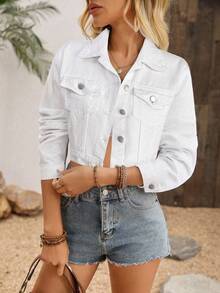 SHEIN Teen GirlWhite Denim Lapel Long Sleeve Cropped Jacket