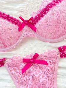 PetitDoll 2pcs/Set Lace Bra With Ruffle Strap + Lace Panty With Bow, Sweet & Cute Lingerie Set, Suitable For Daily Wear - Pink - View 3