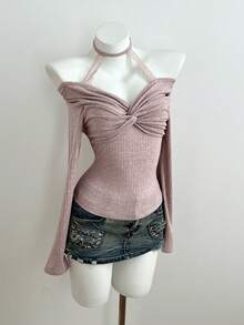 Elamini 女士露肩系带领扭结前襟长袖T恤，时尚百搭 - 藕粉色 - 查看 1