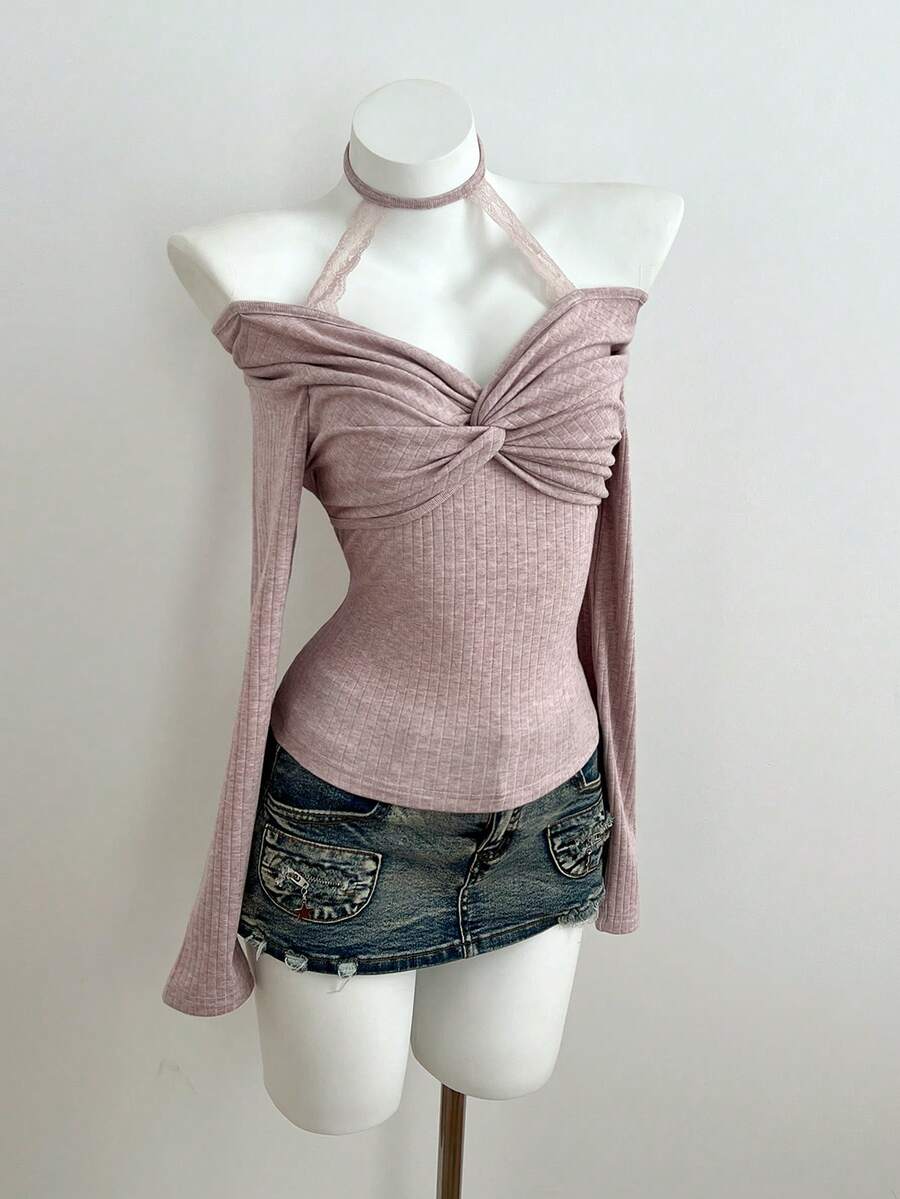 Elamini 女士露肩系带领扭结前襟长袖T恤，时尚百搭 - 藕粉色 - 查看 1