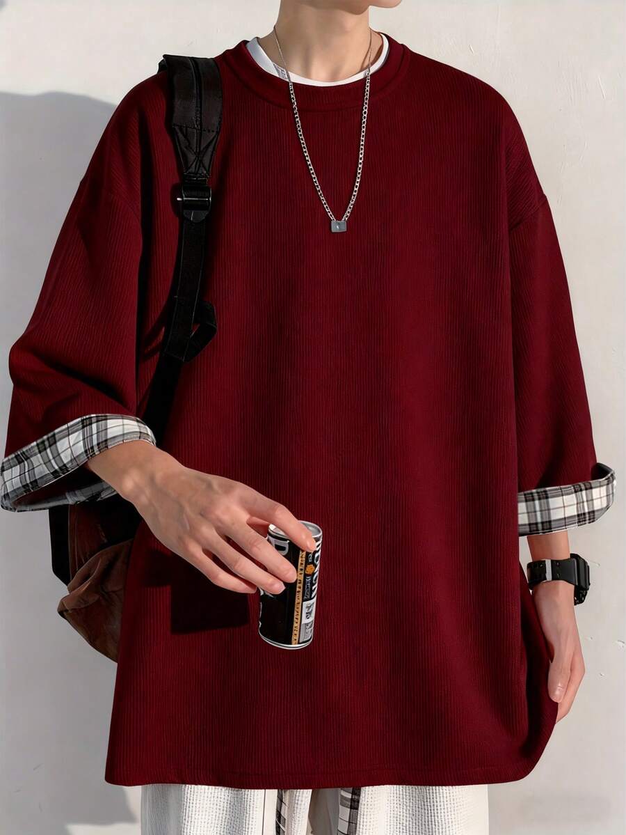 Claim Dot 男士宽松撞色格纹休闲圆领落肩T恤