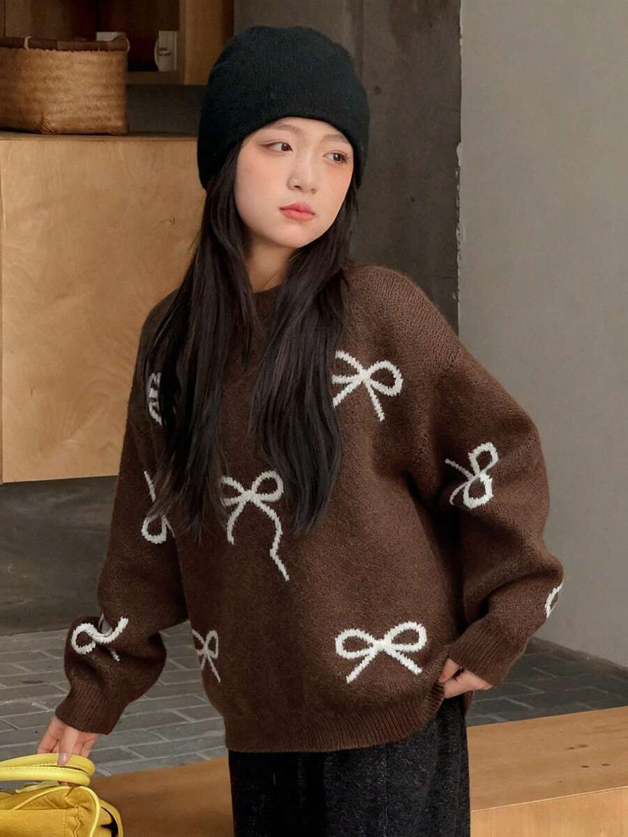 Dazy Kids 女童蝴蝶结装饰印花圆领长袖毛衣,秋季款 - 棕色 - 查看 1