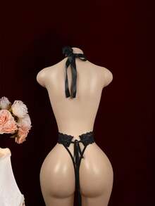 SHEIN Bộ đồ liền thân lưới mỏng phối ren đen khi đi chơi - màu đen - Xem 2