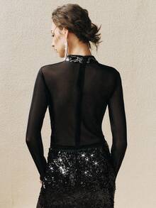 Arave 女士亮片刺绣修身露脐吊带上衣，万圣节服装 - 黑色 - 查看 7