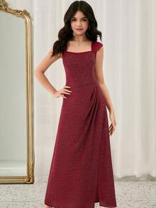 优雅奢华时尚方领无袖宽肩带收腰长款酒红色金属光泽亮面舞会礼服，适合少女毕业典礼、主持、演出、圣诞节等场合。 - 酒紅色 - 查看 7