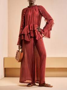 Zivah 2pcs/Set Spring/Summer 2026 New Music Festival/Valentine's Day Date Outfit: Round Neck Long Sleeve Ruffle Hem Top And Pocket Flare Leg Pants