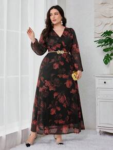 Modelyn 大码女式印花V领薄纱灯笼袖优雅长款晚礼服 - 橘色 - 查看 1
