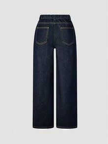 SHEIN Explorewe Quần jeans nữ tuổi teen phong cách Y2K, kiểu dáng đường phố, rách nhẹ, cạp lệch, chất liệu mềm mại, thoải mái, màu xanh nhạt, dễ phối đồ hàng ngày, mẫu mới Xuân/Hè 2025. - Rửa tối - Xem 2