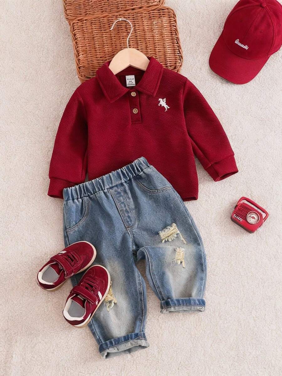 SHEIN 男婴两件套保暖高领长袖T恤和灯芯绒背带裤套装，舒适休闲可爱小熊图案基础款，适合室内、室外、日常穿着、运动、派对、拍照、节日、街头风、运动服、慢跑服、圣诞节、新年等场合。 - 酒紅色 - 查看 1