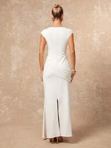 Lumalex Frühlingsboot-Ausschnitt, Puffärmel, tailliert, mit Metalldekoration, plissiert, fließendes Kleid für Frauen, Luxus, Neujahrslook, ruhiger Luxus, Abschlussball, Feier, Bankett, bescheiden, Old Money, Coquette, Glitzer, Feiertagsparty, Rave, Festival, Ausflug, Urlaub, heiß, Outdoor, reich geschichtet, Hochzeitssaison, Bankett, Eid al-Adha, Eid al-Adha Party, Neujahrslooks, Partykleid für Herbst - Weiss - Übersicht 7