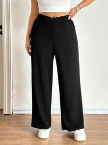 Lounesse Pantalones casuales de pierna ancha con cintura asimétrica de unicolor para mujer de talla grande - Negro - Ver 1