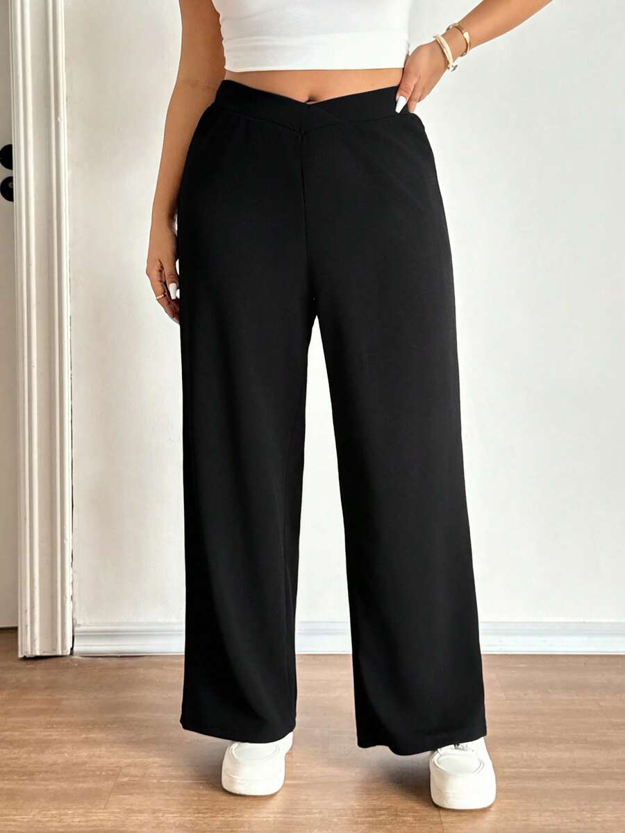 Lounesse Pantalones casuales de pierna ancha con cintura asimétrica de unicolor para mujer de talla grande - Negro - Ver 1
