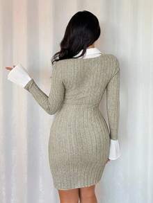 Rafferiza 女士黑色二合一紧身性感优雅磨毛罗纹修身迷你连衣裙，秋冬款 - 杏色 - 查看 2