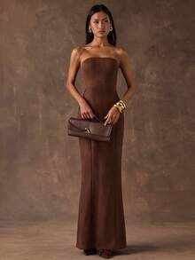 SHEIN BAE Váy đuôi cá hở lưng gợi cảm cho nữ - Cà phê nâu - Xem 1