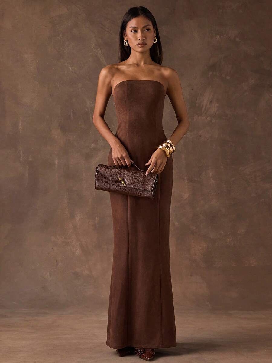 SHEIN BAE Váy đuôi cá hở lưng gợi cảm cho nữ - Cà phê nâu - Xem 1