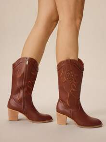 Styleloop Women's Casual Vintage Chunky Heel Mid-Calf Boots, Suitable For Christmas, Thanksgiving, Party, New Year Outfit - Mocha Brown - View 5