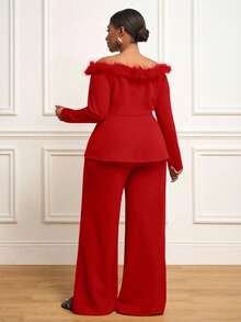 Veslaya 2025 Autumn/Winter New Elegant Vintage Romantic Bohemian Classic Sexy Retro Style Women's Daily Wear, Date, Outing, Party, Avant-Garde Solid Black Off Shoulder Fuzzy Blazer And Wide-Leg Pants 2-Piece Set, Plus Size - Red - View 2