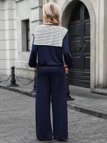 SHEIN LUNE 女士海军蓝条纹披肩领长袖卫衣和松紧腰带口袋裤休闲旅行套装，两件套，女士休闲装。 - 藍色 - 查看 4