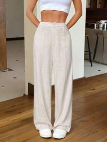 SHEIN EZwear 女士亚麻夏日休闲杏色编织直筒裤