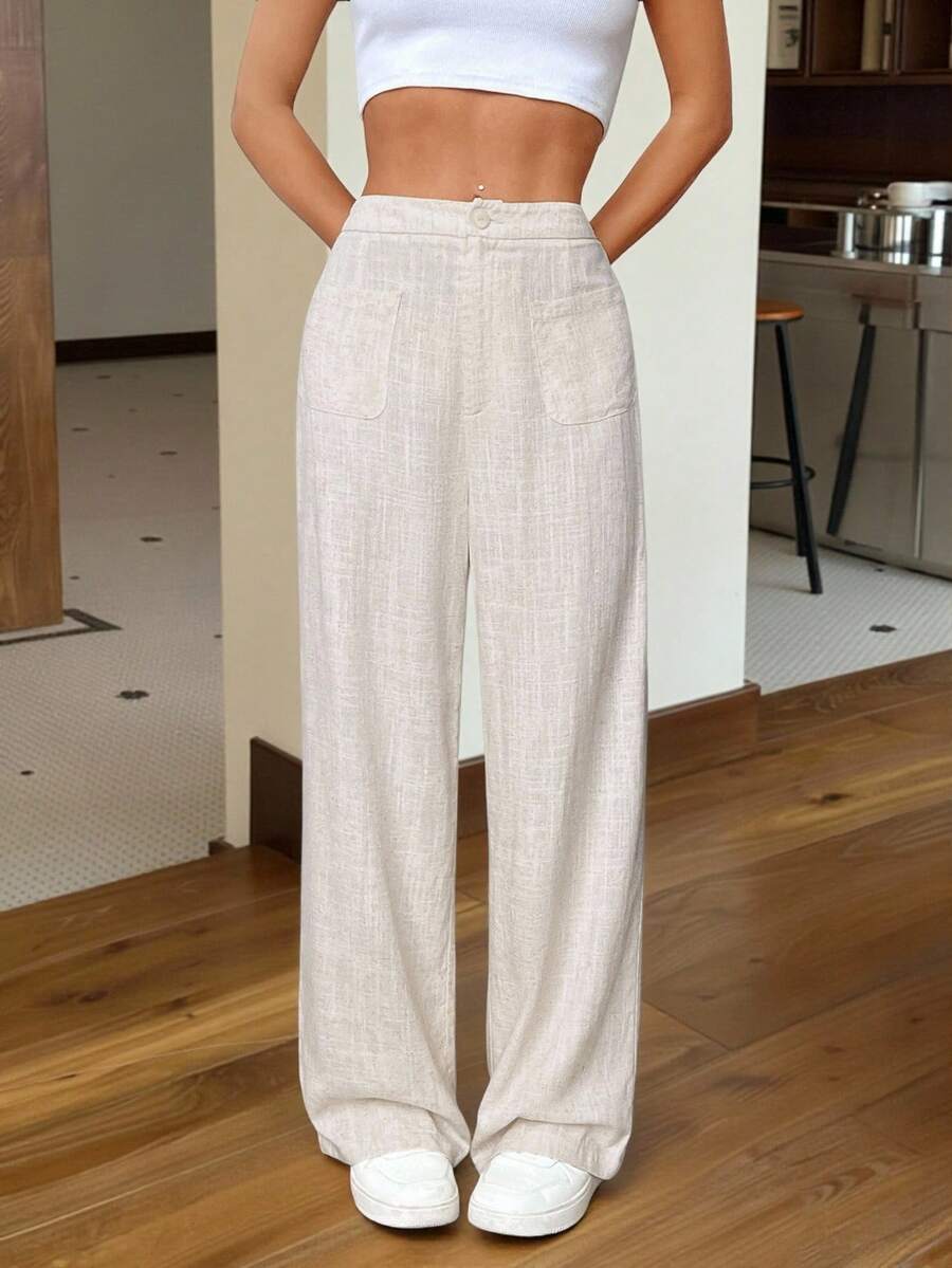 SHEIN EZwear 女士亚麻夏日休闲杏色编织直筒裤