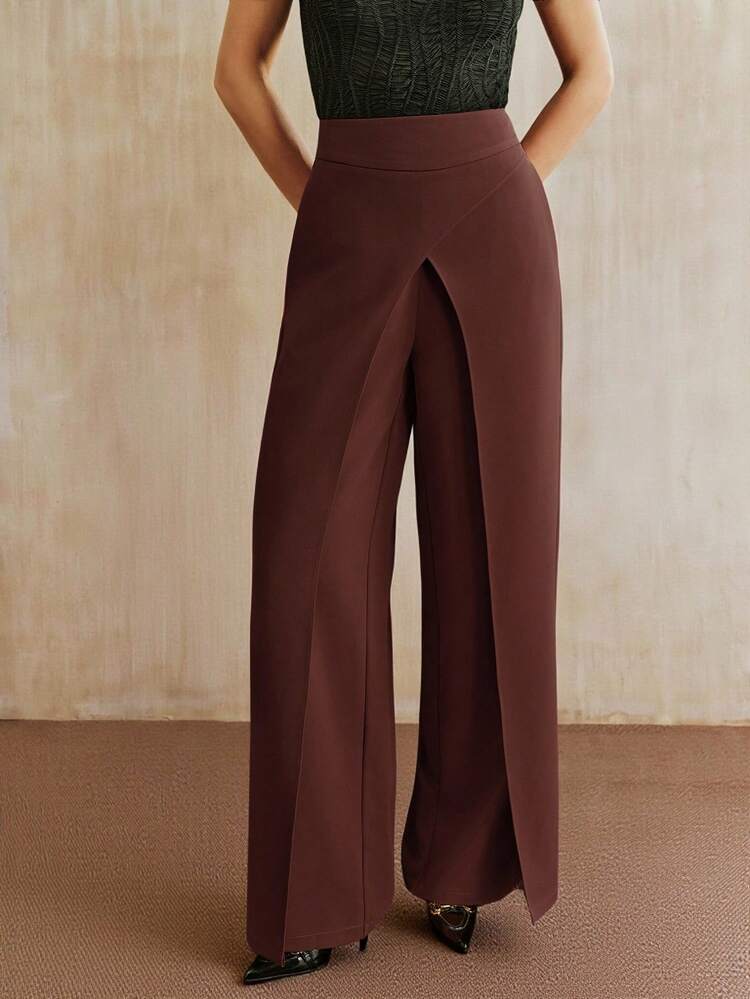 Women's Fashionable Minimalist Criss-Cross Design Solid Color Versatile Wide Leg Pants