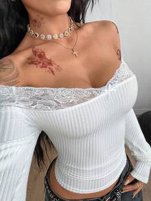 Coolane 女式春季巫术哥特音乐节十字图案蕾丝拼布露肩上衣，X 神秘之心 - 白色 - 查看 2