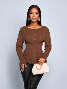 SOLERSUN Women's And Elegant Coffee Brown Autumn Sweater Tops,Simple Advanced Design Office Winter Suit For Homecoming Thanksgiving Back To School - Brown - View 7