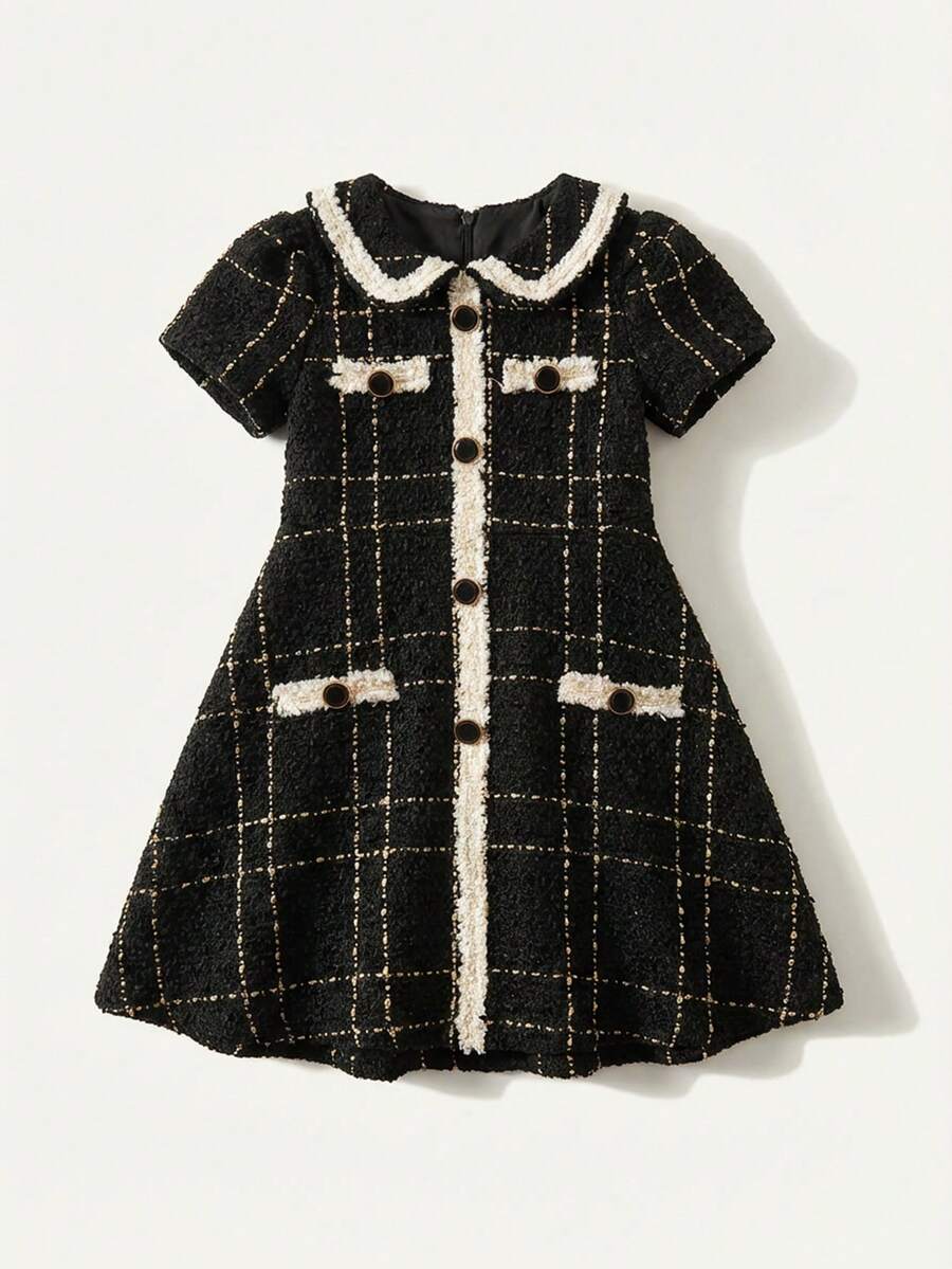 Maija Kids 年轻女孩黑色粗花呢彼得潘领休闲优雅连衣裙 - 黑色 - 查看 1