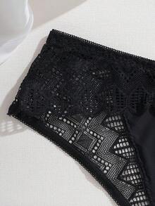 SHEIN Plus Size French Style Sexy Solid Color Lace Patchwork Thong Panties Sexy Lingerie - Black - View 5