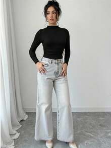 Elenzga 装饰性褶皱腰部长袖修身女式T恤 - 黑色 - 查看 5