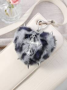 ROMWE Kawaii 1件Y2K复古朋克风高端灰色仿毛皮动物纹铆钉3D心形水晶镂空十字架DIY钥匙扣包饰，适合女性日常佩戴，节日礼物 - 灰色-43 - 查看 5