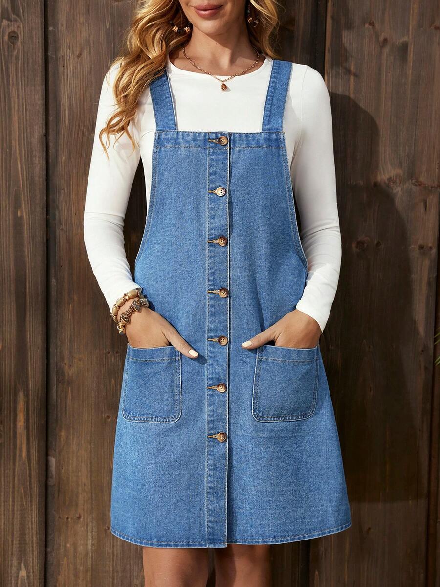 EMERY ROSE Vestido de mezclilla para mujer con bolsillos dobles y botones delanteros - Lavado ligero - Ver 1