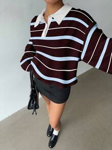 Aloruh Women's Autumn/Winter Striped Polo Sweatshirt, 2 In 1 Burgundy Contrast Stripe Collegiate Style Retro Y2K Pullover Sweatshirt, Striped Polo Sweatshirt, Collegiate Style, Retro Style, Suitable For Dates, Street Photography - Multicolor - View 7