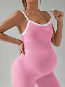 SHEIN 孕妇撞色露背运动连体裤 - 粉色 - 查看 4