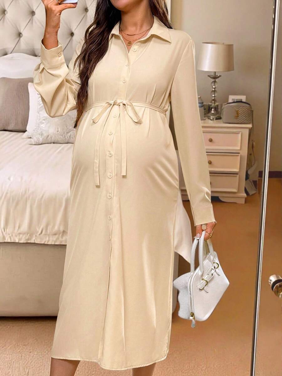 SHEIN Maternity Solid Color Long Sleeve Single-Breasted Belted Casual Shirt Dress - Khaki - View 1