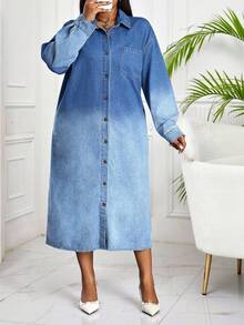 SHEIN Lady Plus Size Casual Washed Ombre Front Button Denim Dress New Year Women Elegant Dress - Multicolor - View 6