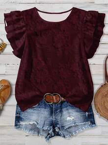 EMERY ROSE 女士纯色荷叶领休闲百搭短袖衬衫 - 酒紅色 - 查看 1