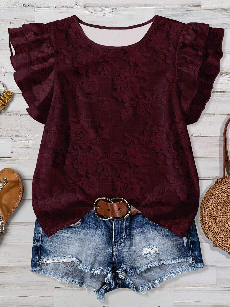 EMERY ROSE 女士纯色荷叶领休闲百搭短袖衬衫 - 酒紅色 - 查看 1