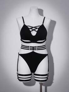 SHEIN 4件套时尚编织吊带性感内衣套装 - 黑色 - 查看 5