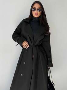 Firerie 女式卡其色翻领仿皮袖收腰双排扣中长款风衣，长袖防风衣，春秋冬，通勤，优雅，日常，工作服 - 黑色 - 查看 8