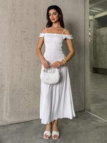 Firerie Women's Elegant Minimalist Delicate Romantic Valentine's Day Date Party Everyday Vacation Pleated Off Shoulder Spaghetti Strap A-Line Long White Dress - White - View 6