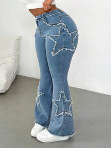 Dripcurv Plus-Size Women's Light Blue Star-Patterned Jeans, Suitable For All Seasons, Casual, Slim-Fit, Stretchy Flared Pants, Perfect For Everyday Street Style And New Year's Outfits. - Blue - View 6