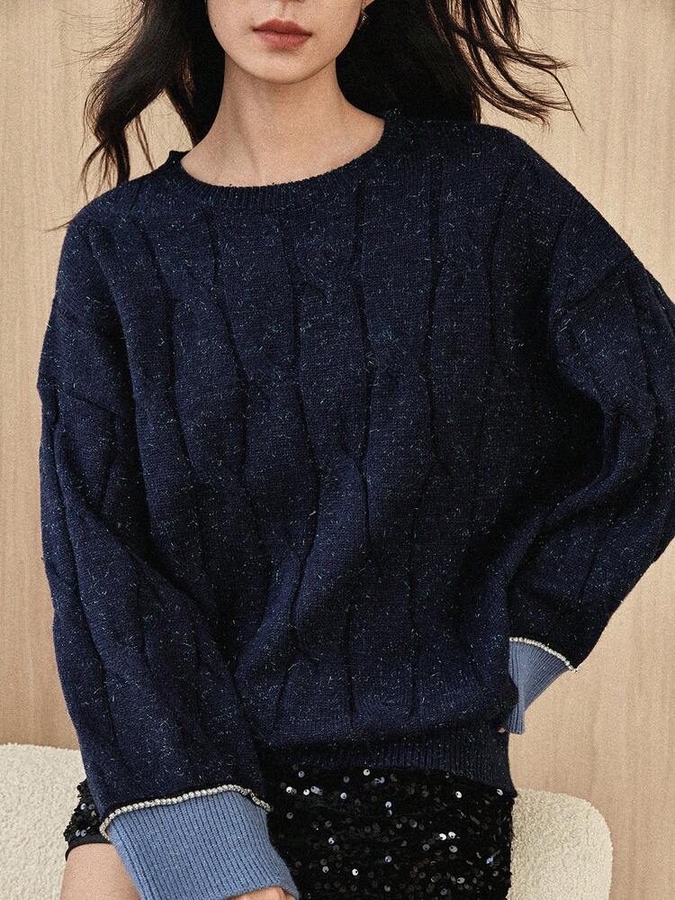 Women's Casual Everyday Commute Dropped Shoulder Loose Cable Knit Sweater, Autumn/Winter