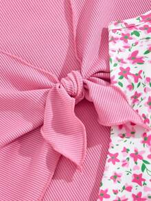 Vintaside Kids Tween Mädchen Sommer Lässig Urlaubs Set mit Rüschen-Saum Knoten-Vorderseite Top und Blumen-Camisole Kleid 2 Stücke - Heißes Pink - Übersicht 6