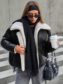 PU Leather Thermal Lined Pockets Turndown Collar Fashionable Long Sleeve Winter Jacket - Black - View 5