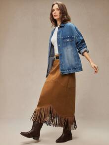 WESTFADE 绒面高腰西部风格流苏中长裙，适合冬季、波西米亚风、休闲、可爱、假日、圣诞节、新年、新年等场合，是女士西部服饰的理想之选，展现纳什维尔牛仔风情。 - 棕色 - 查看 5