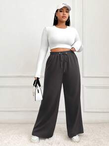 SHEIN EZwear 大码女式休闲抽绳腰宽松阔腿运动裤，纯色，适合日常通勤 - 深灰色 - 查看 4