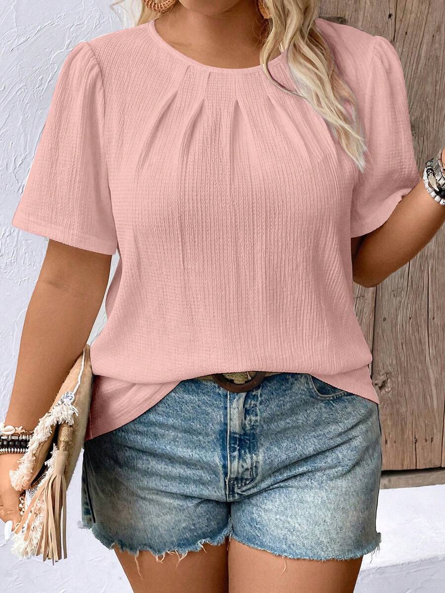 Momelise Áo thun tay ngắn xếp ly vải trơn họa tiết đơn giản, thoải mái mặc hàng ngày, đi làm, mùa hè cỡ lớn cho nữ - Hồng - Xem 1